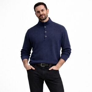 Enzo Mantovani Cashmere Sweater Navy Mock Neck Elbow Patch Italy XL